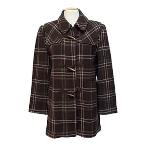 Anne Klein Wool Plaid Toggle Coat Womens 10 Brown Academia Hipster Office Preppy